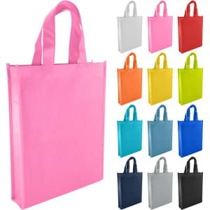 A pink non-woven tote bag with multiple colour options including grey, red, orange, yellow, blue, and black.