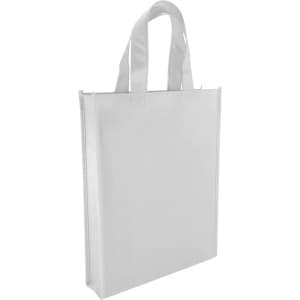 A white non-woven tote bag with two sturdy handles and a larger capacity, featuring a blank design.