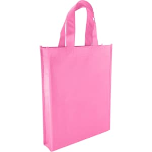 A pink non-woven tote bag featuring two handles and a simple design, with a branding logo.