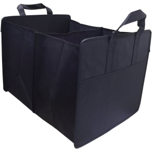 A black non-woven cargo organiser featuring multiple compartments and sturdy handles, suitable for storage.