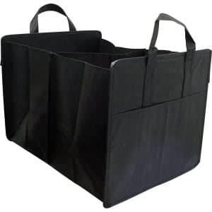 A black non-woven cargo organiser with multiple compartments and two handles for carrying.