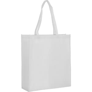 A large, white non-woven reusable grocery bag with a gusset and long handles. It features a logo.