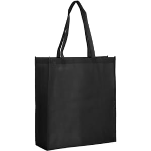 A black extra-large non-woven reusable grocery bag with sturdy handles and a gusset. Features a logo.