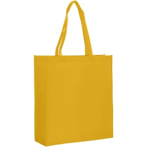 A large yellow non-woven reusable grocery bag with sturdy handles and a gusseted design.