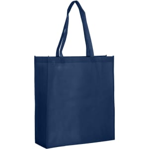 A large navy blue non-woven reusable grocery bag with a gusset and dual handles. It features a logo on the side.