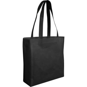A black non-woven reusable grocery bag with dual handles and a spacious design. Features a logo on the front.