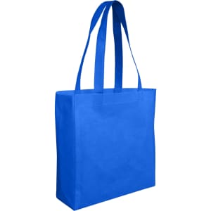 A blue reusable grocery bag with two long handles and a logo. Ideal for shopping and eco-friendly use.