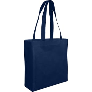 A navy blue non-woven shopper bag with two sturdy handles and a rectangular design. It has a logo on one side.