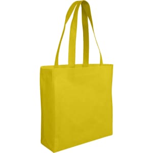 A bright yellow reusable grocery bag with two handles and a simple design. It includes a logo on the front.