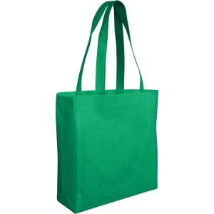 A green non-woven reusable grocery bag with two handles and a simple design. It features a logo on the front.