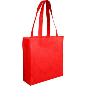A red non-woven shopping bag with two sturdy handles and a simple design, featuring a logo.