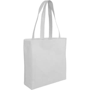 A white non-woven small shopper bag with two handles and a simple design. It features a logo.