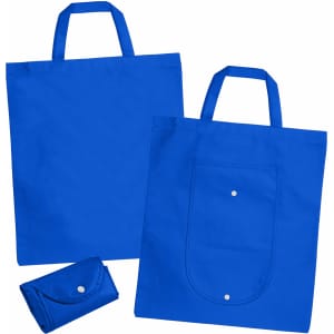 A blue foldable shopping bag with handles, featuring a pocket and a compact rolled design. It has a logo on it.