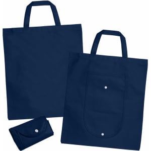 A navy blue non-woven foldable shopping bag with a snap pocket and two handles, alongside a smaller folded version.