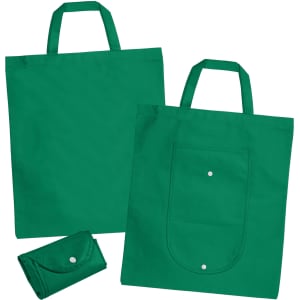 A green non-woven foldable shopping bag, featuring two handles and a pocket, displayed alongside a compact folded version.