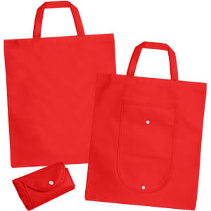 Red non woven foldable shopping bag displayed in two sizes, one flat and one rolled up, featuring a pocket and logo.