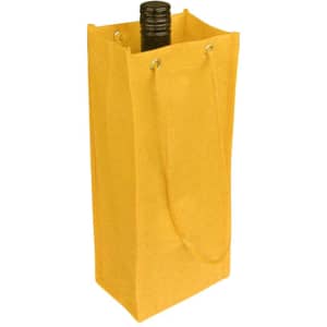 A drink bottle bag in bright yellow, featuring a bottle inside and an attached handle. The bag has a simple design.
