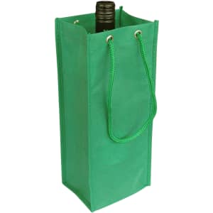 A drink bottle bag in vibrant green, featuring a rope handle and a structured design, with a logo present.