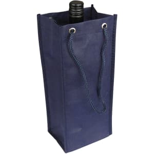 A drink bottle in a navy non-woven single bottle bag with a drawstring closure and an internal logo.