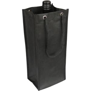 A drink bottle bag in black, featuring a sturdy design with rope handles and a logo.