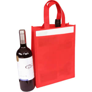 A drink bottle bag in bright red, designed to hold two bottles, featuring a branding logo.