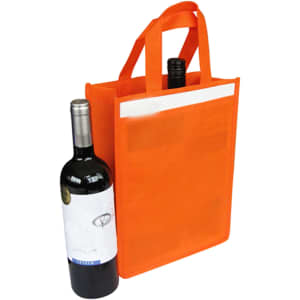A drink bottle bag in vibrant orange, designed to hold two bottles, featuring sturdy handles and a logo.
