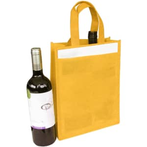 A drink bottle and a non-woven yellow bag designed for carrying two bottles, with a logo present.