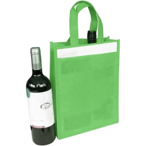 A drink bottle bag in vibrant green, featuring two compartments for wine bottles and a logo.