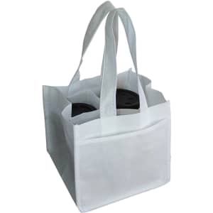 A white non-woven bag designed to hold four coffee cups, featuring two handles and a front pocket.
