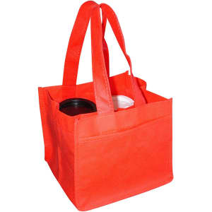 A red non-woven bag designed to hold four coffee cups, featuring two sturdy handles and a logo.