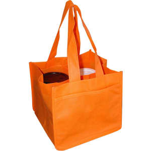 An orange non-woven bag designed to hold four coffee cups, featuring sturdy handles and an interior divider.