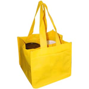 A yellow non-woven bag designed to hold four coffee cups, featuring sturdy handles and a simple design.