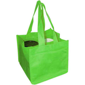 A bright green non-woven bag designed to hold four coffee cups, featuring sturdy handles and an exterior pocket.