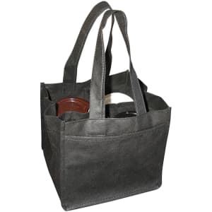 A black non-woven bag designed to hold four coffee cups, featuring sturdy handles and a simple organisational structure.