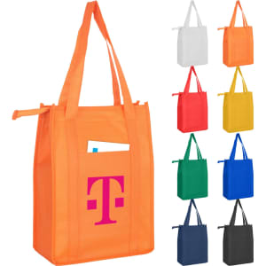 An orange non-woven cooler bag with a top zip closure, featuring a logo and available in multiple colours.