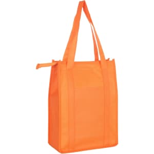 An orange non-woven cooler bag with a top zip closure and sturdy handles. Contains a logo.