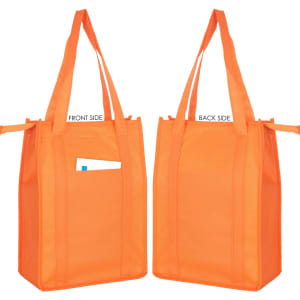 An orange non-woven cooler bag with top zip closure and handles, featuring a pocket on one side and a logo.