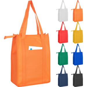 A non-woven cooler bag in orange with two sturdy handles and a front pocket, available in multiple colours.