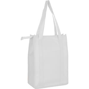 A white non-woven cooler bag with a top zip closure and sturdy handles, featuring a blank design.