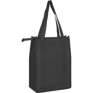 A black non-woven cooler bag with a top zip closure and two sturdy handles, featuring a logo.