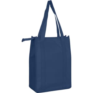A navy blue non-woven cooler bag with a top zip closure and two sturdy handles. It features a simple design and a logo.