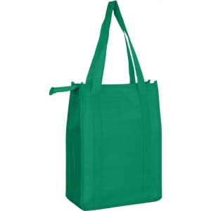 A green non-woven cooler bag with top zip closure and sturdy handles. It features a logo on the front.