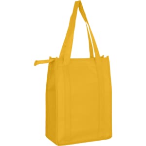 A yellow non-woven cooler bag with a top zip closure and sturdy handles. It features a logo on the side.