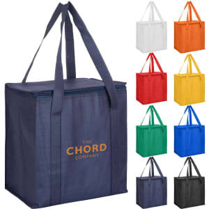 A zipped lid cooler bag in navy with two sturdy handles, available in multiple colours and featuring a logo.