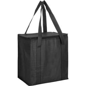 A black non-woven cooler bag with a zipped lid and two carrying handles, featuring a logo.
