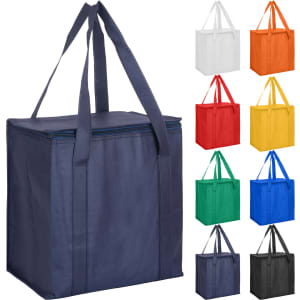 A navy non-woven cooler bag with a zipped lid, featuring sturdy handles. Available in multiple colours.