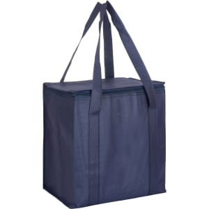 A navy non-woven cooler bag with a zipped lid and sturdy handles, designed for carrying drinks and food items.