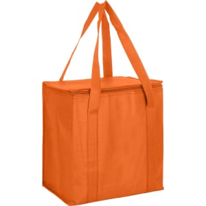 An orange non-woven cooler bag with a zipped lid and dual handles, featuring a logo.