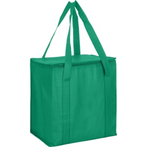 A green non-woven cooler bag with a zipped lid and two sturdy handles. It has a logo on the side.
