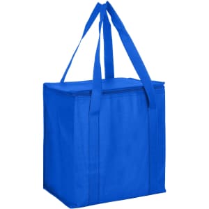 A blue non-woven cooler bag with a zipped lid and dual handles. Includes a logo on the side.